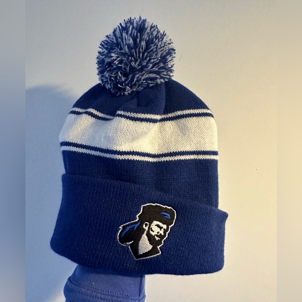 Blue and White Knit Beanie with Pom